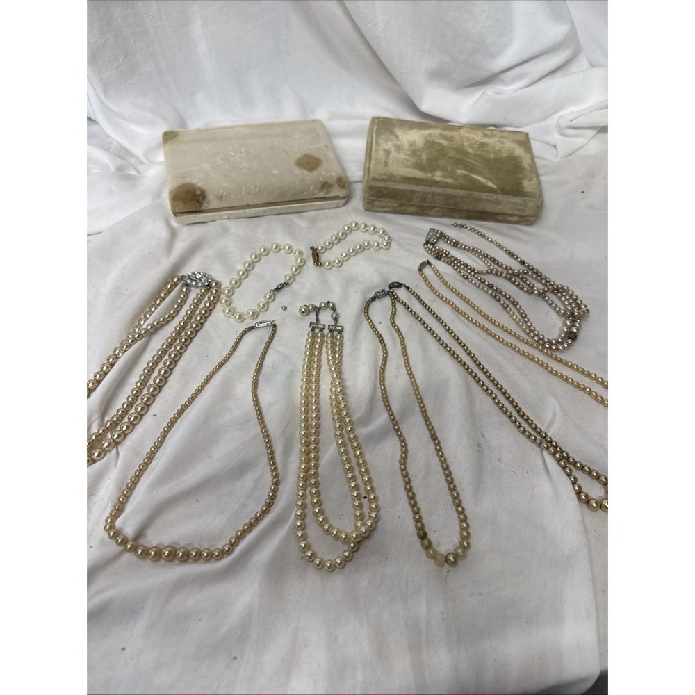 Vintage Faux Pearl Jewelry Lot + Parts for Repair Heisey Clasp Rhinestones